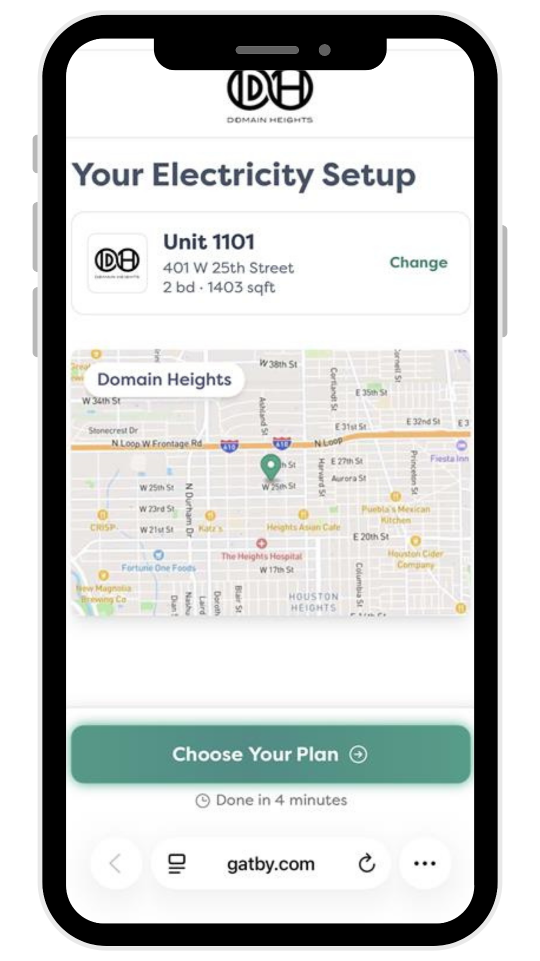 The Gatby app showing personalized electricity setup